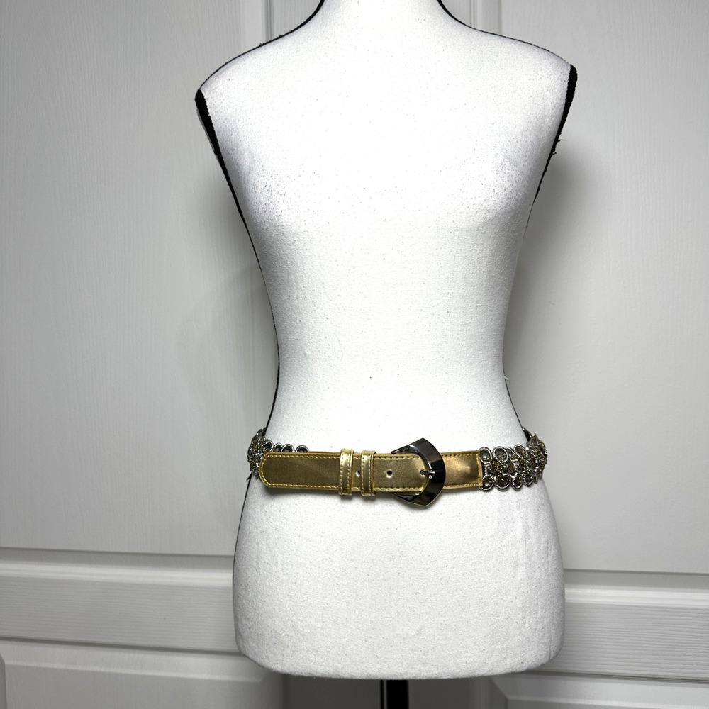 VTG 90s Gold Metallic Chain Belt M Genuine Leather Maximalist Glam Rock Disco‎